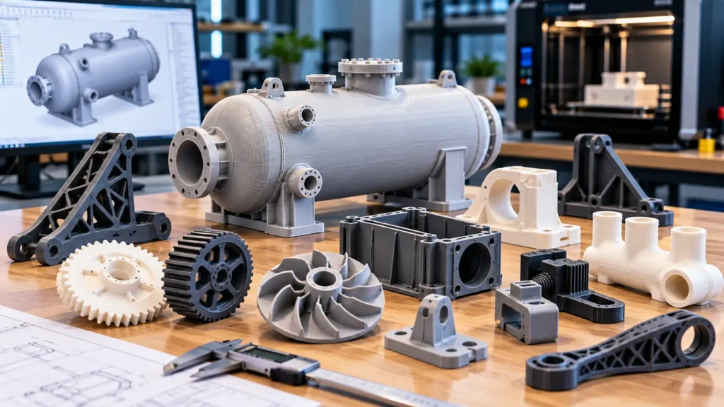 Assorted 3D-printed engineering prototypes, including gears, brackets, housings, and a pressure vessel model.