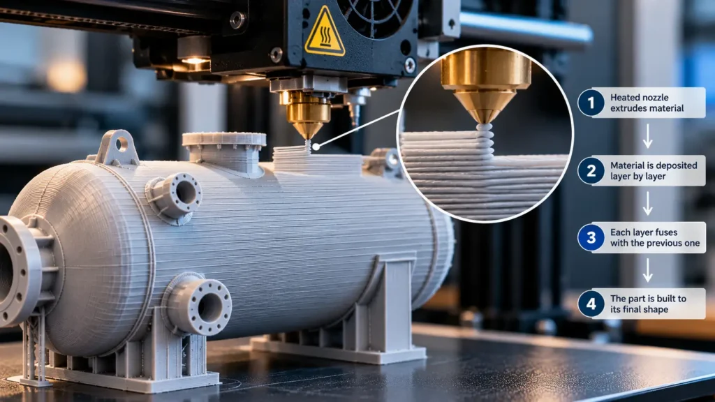 3D printer nozzle depositing material layer by layer to build a pressure vessel prototype.