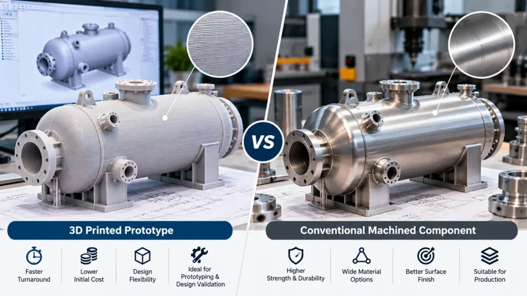 Comparison of a 3D-printed pressure vessel prototype and a conventionally manufactured metal vessel.