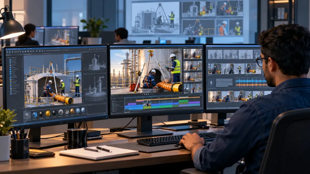 Technical artist developing an industrial EHS training animation using 3D models, storyboards, and editing software.