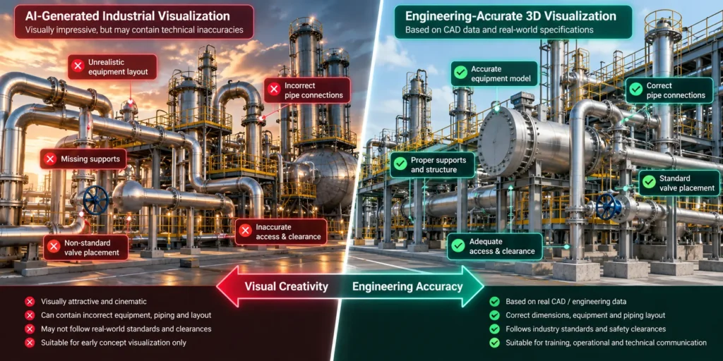 AI-generated industrial visualization compared with engineering-accurate 3D visualization
