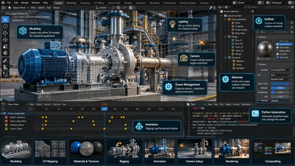 Blender 3D environment for industrial animation and visualization