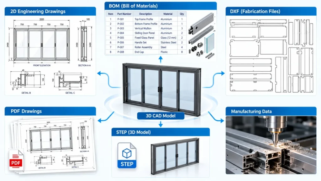 CAD automation generating sliding door frame drawings, BOM, DXF, PDF, STEP and manufacturing data