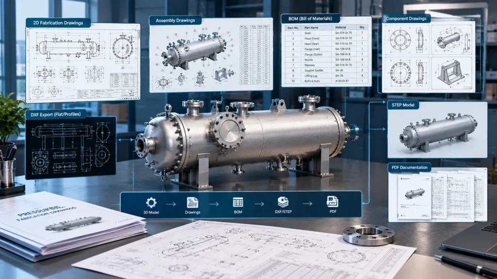 Pressure vessel manufacturing documentation with fabrication drawings, assembly details, and bill of materials.