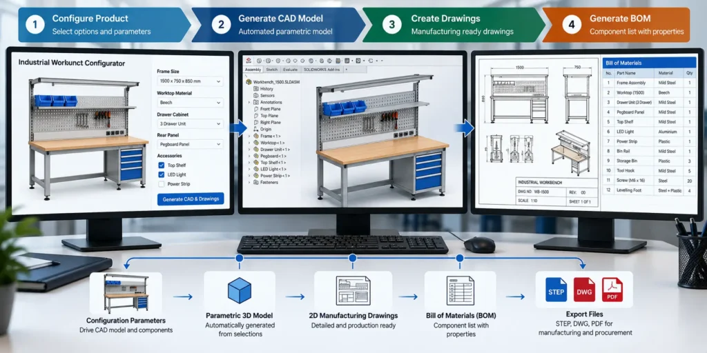 CAD-integrated product configurator showing a 3D workbench model, engineering drawings, and a bill of materials.