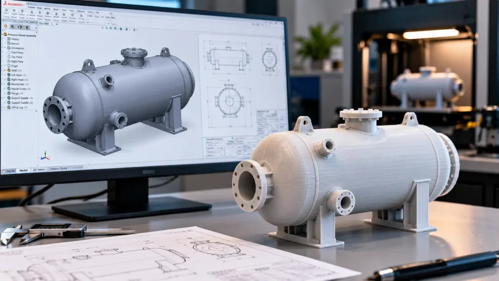 Pressure vessel CAD model displayed on a monitor beside its corresponding 3D-printed prototype.