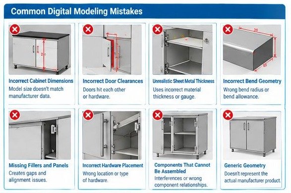 Common Revit laboratory furniture modeling mistakes including incorrect dimensions, clearances, thickness and component placement