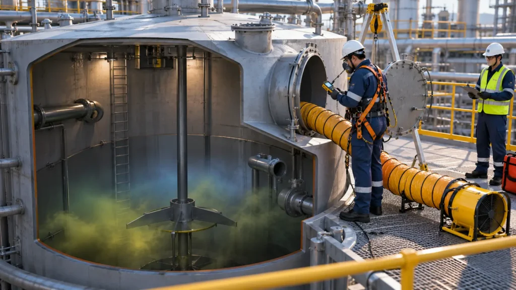 3D cutaway view of an industrial tank showing atmospheric testing and ventilation for confined space safety.