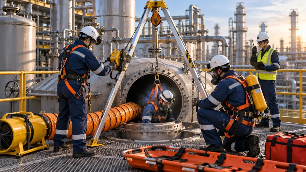 Trained rescue personnel preparing a tripod-mounted retrieval system for a confined space rescue at an industrial tank.