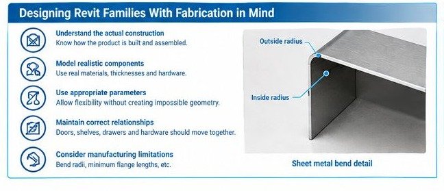 Revit family design considerations for sheet metal fabrication including bend radius and manufacturing constraints