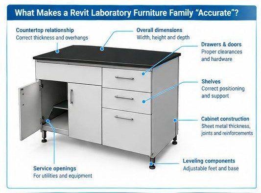 Workflow from Revit family and fabrication drawings to sheet metal components, fabrication and finished laboratory furniture