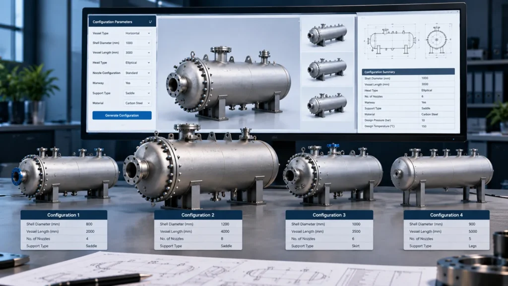 Different pressure vessel design configurations generated using predefined engineering parameters.