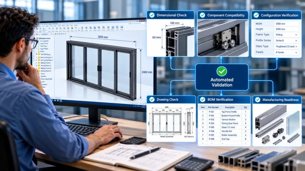 Engineer reviewing automated CAD validation for sliding door frame dimensions, components and manufacturing documentation