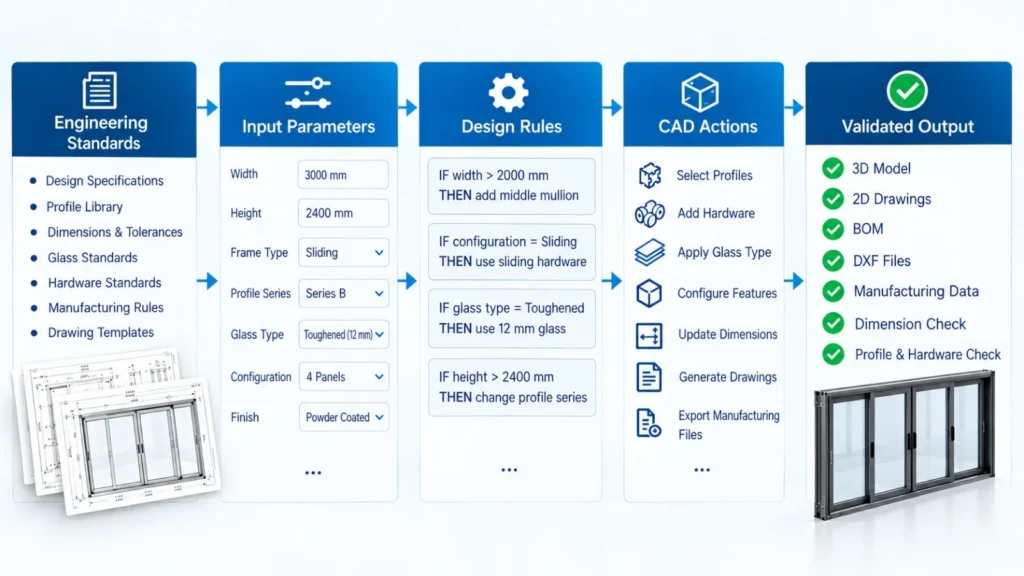 Engineering standards, input parameters and design rules connected to automated CAD actions