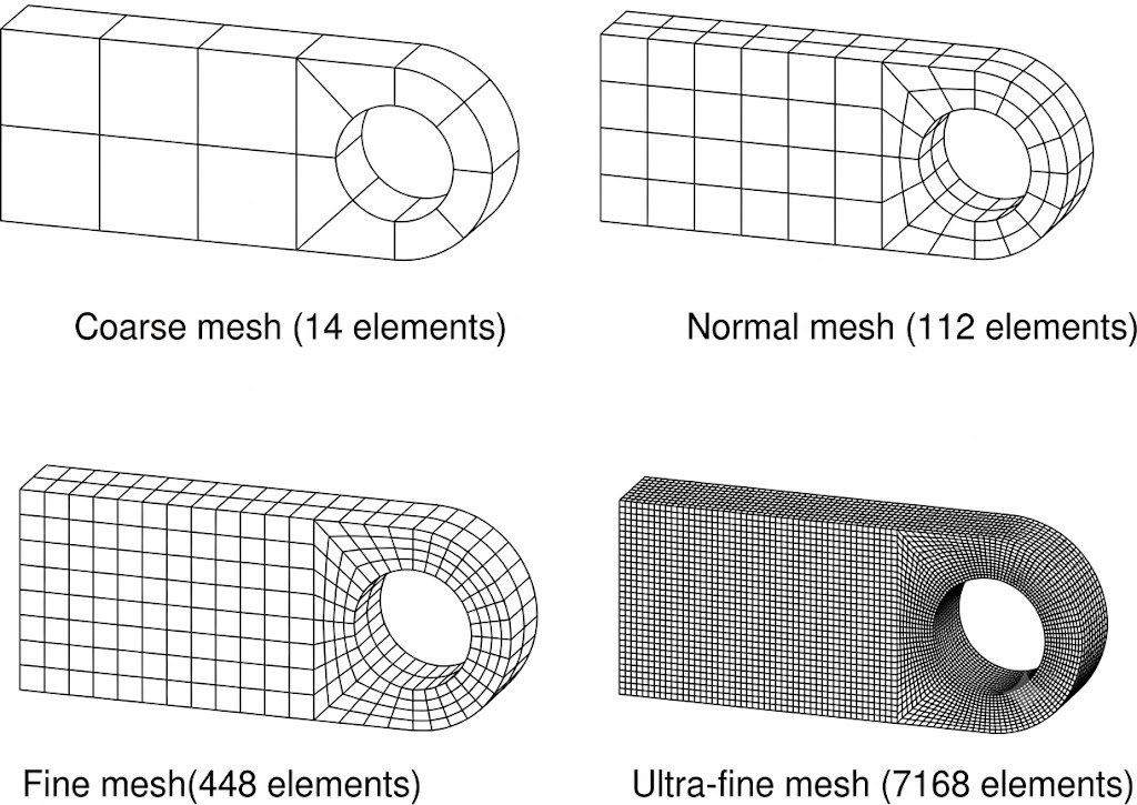FEA accuracy comparison showing coarse, moderate and fine meshes with different stress results