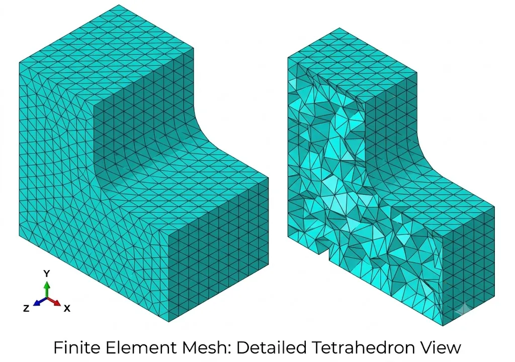 Detailed tetrahedral finite element mesh applied to a complex mechanical component