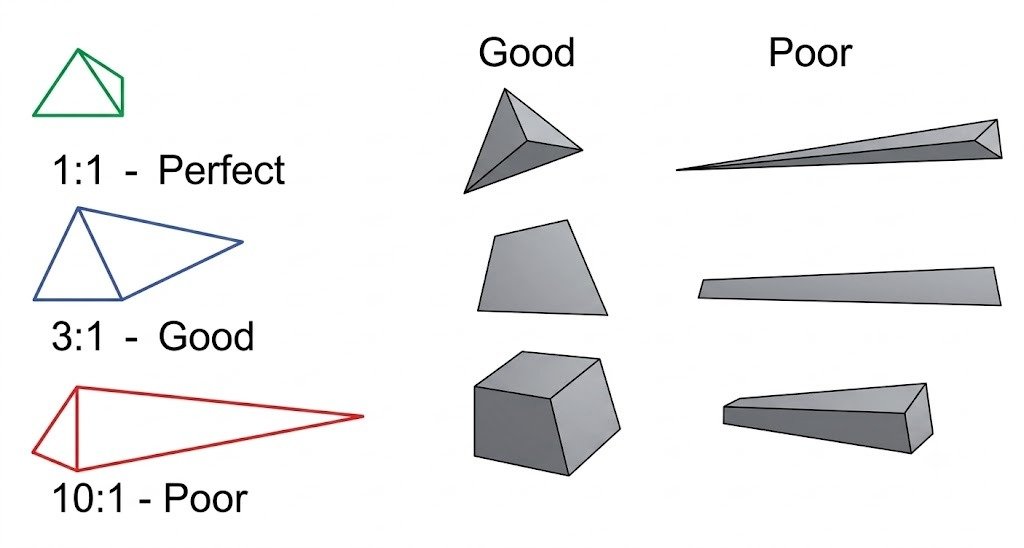 FEA element aspect ratio comparison showing good and poor element shapes