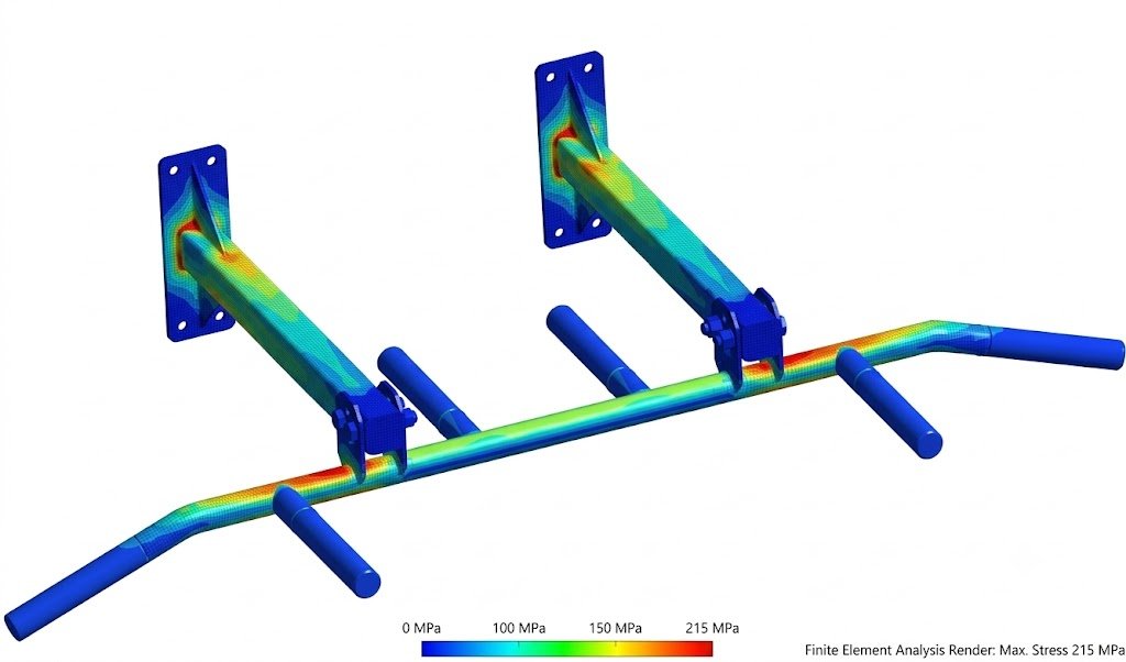 FEA static displacement analysis of a loaded gym equipment rack showing deformation distribution
