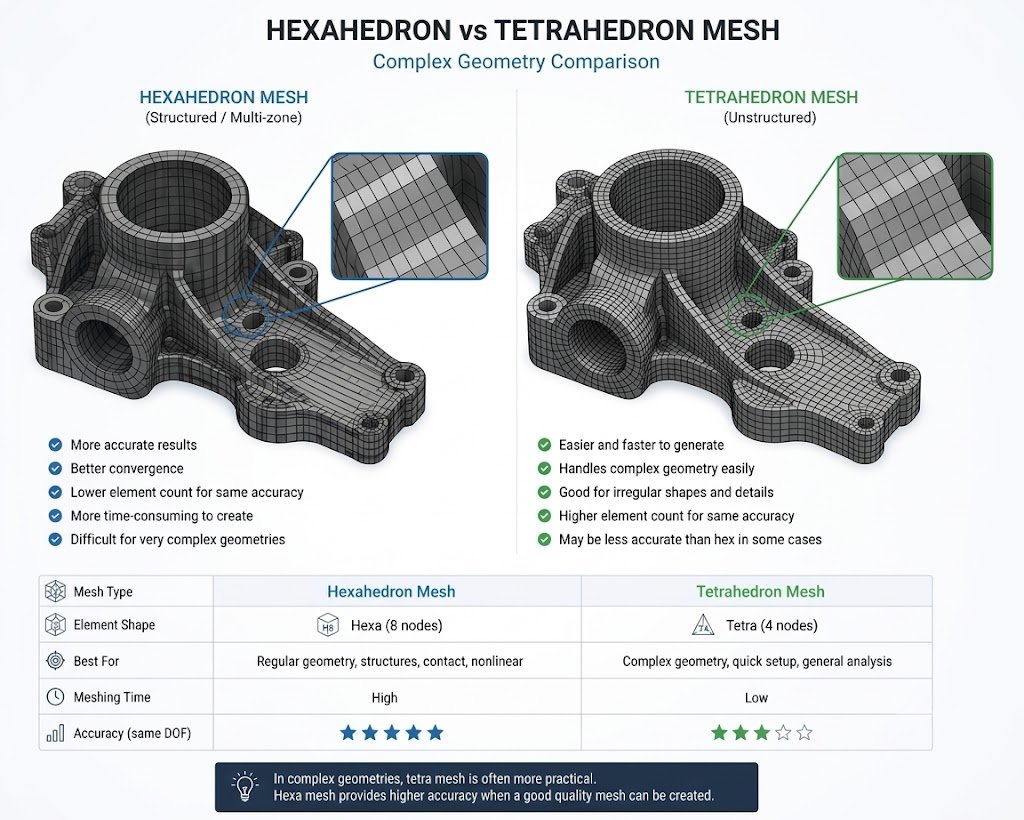 Comparison of hexahedral and tetrahedral finite element meshes on a complex mechanical component