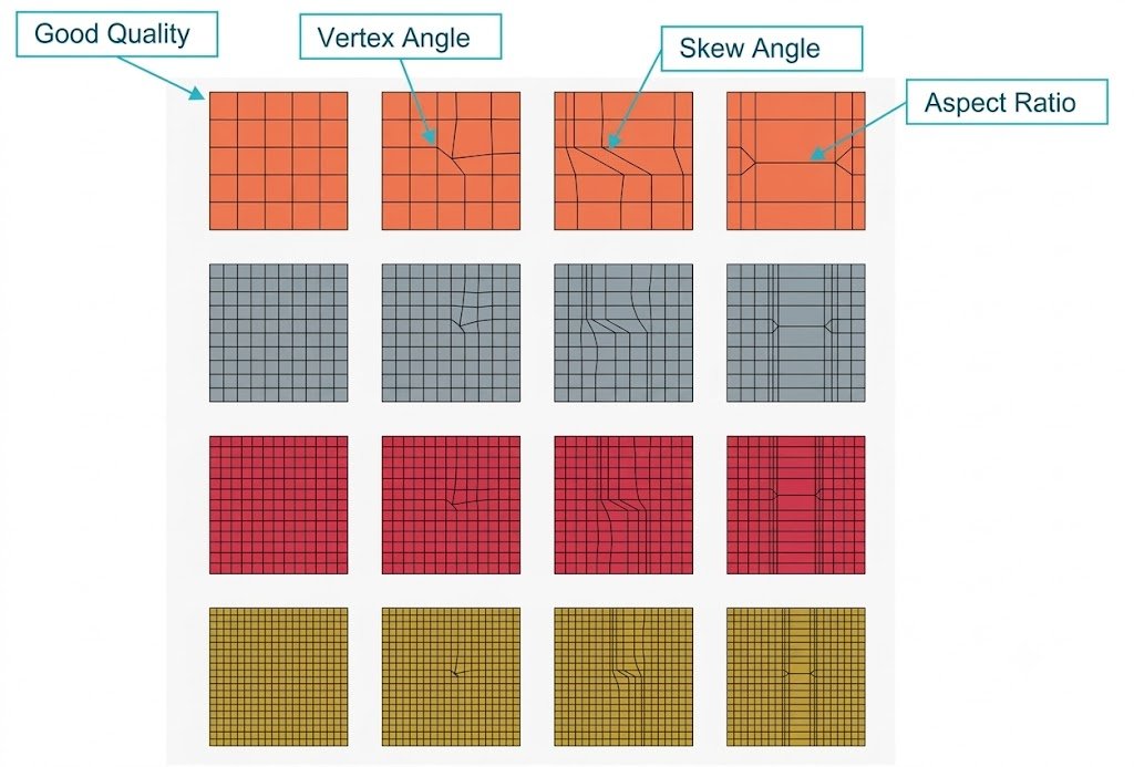 FEA mesh quality comparison showing good, poor and distorted mesh elements