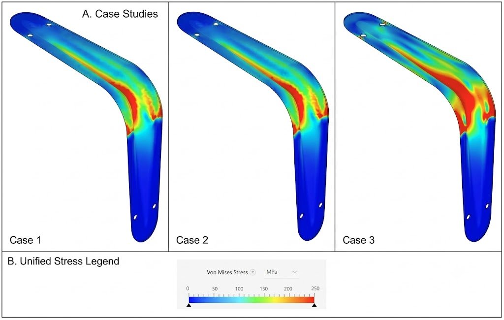 FEA stress distribution comparison across three analysis cases using a unified von Mises stress scale