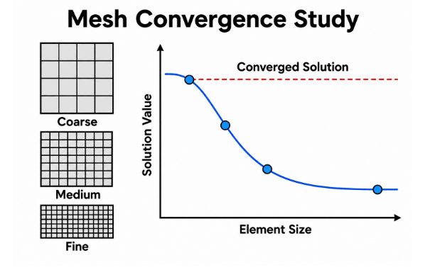 Progressive FEA mesh refinement showing increasingly fine elements and stress distribution around a curved feature