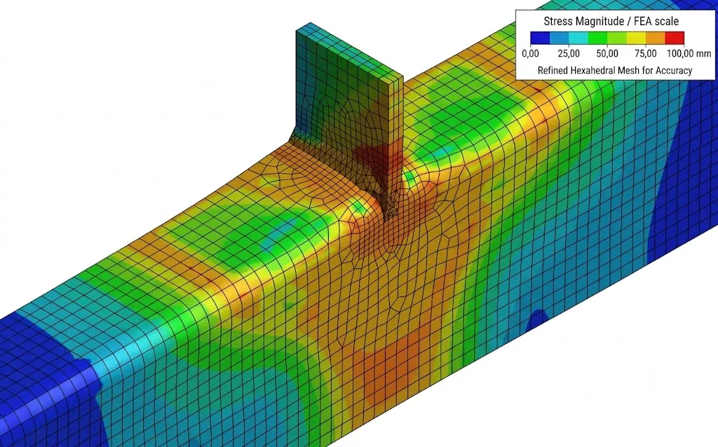 Refined hexahedral FEA mesh showing stress distribution around holes and curved mechanical features