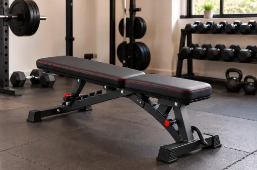 Black adjustable gym bench in the flat position showing its steel frame, red adjustment knobs and rubber feet.