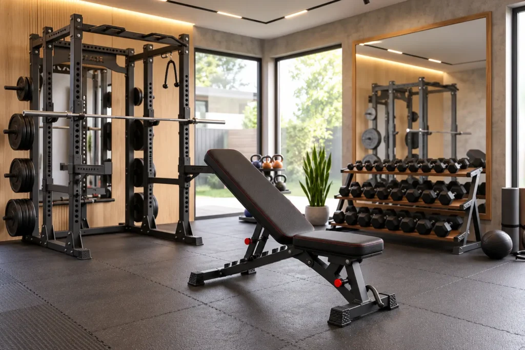 Black adjustable FID bench in a low incline configuration with a sloping backrest and visible steel support frame.