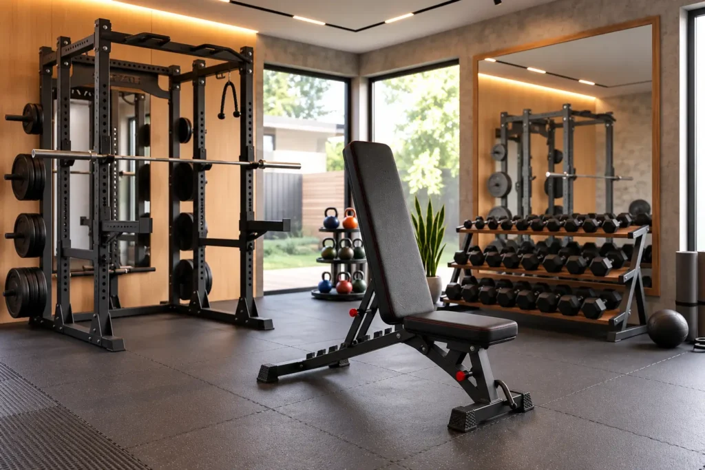 Adjustable black FID bench with its backrest raised to an upright position for seated exercises.