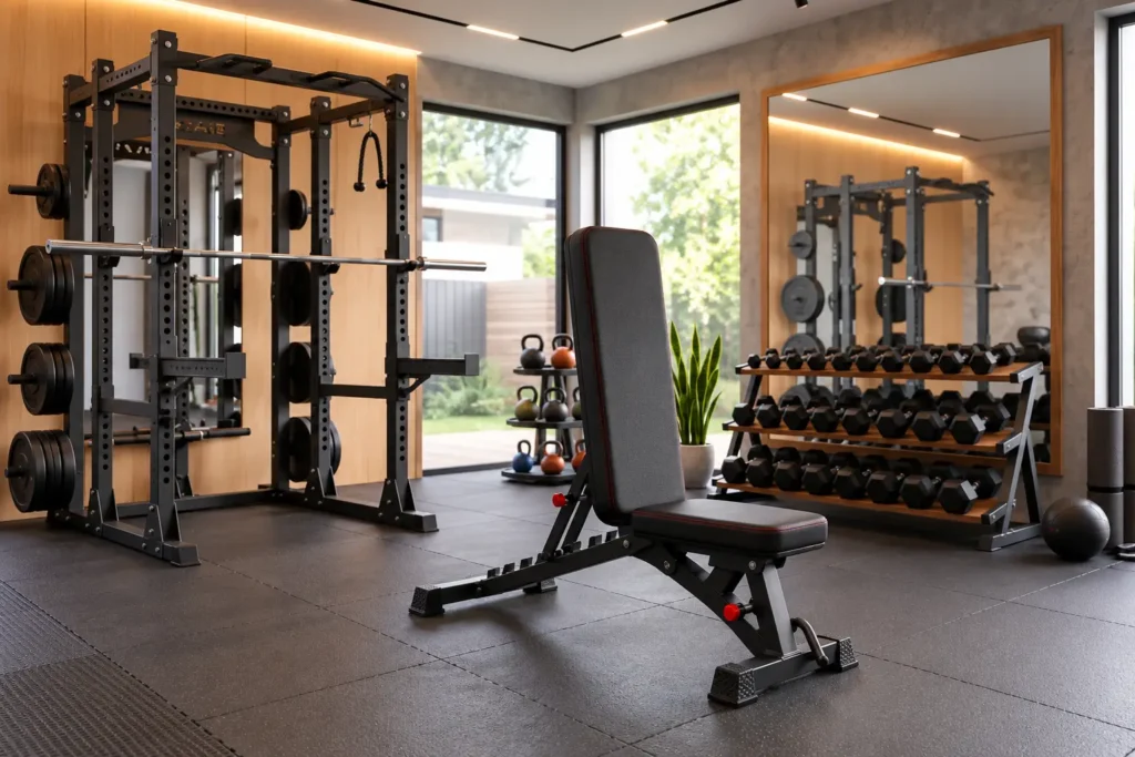Black adjustable gym bench with a near-vertical backrest and horizontal seat in a home gym.