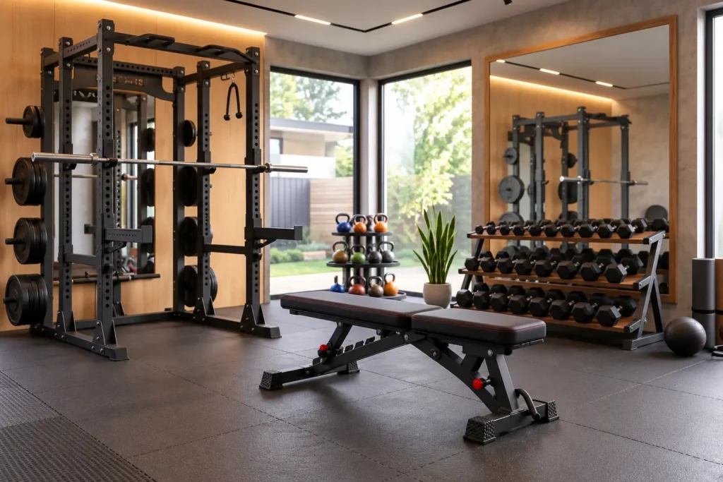 Black flat weight bench positioned between a power rack and dumbbell rack in a modern home gym.
