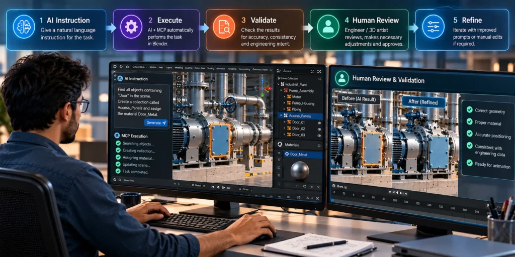 Human-in-the-loop validation for AI-assisted industrial animation