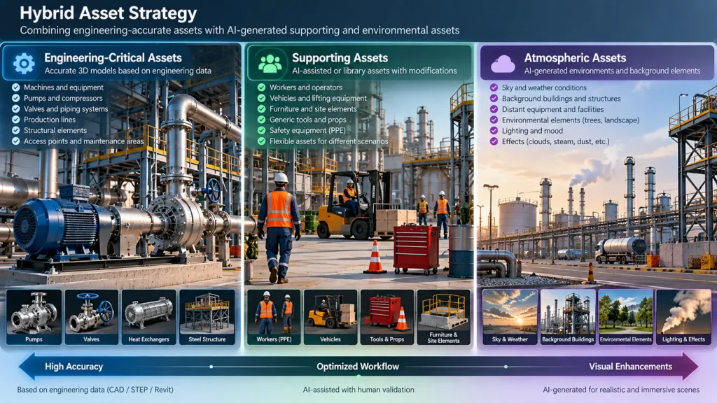 Hybrid asset strategy for AI-assisted industrial visualization