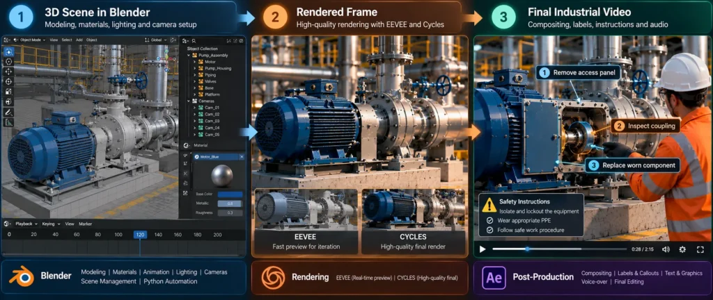 Industrial 3D rendering and post-production workflow