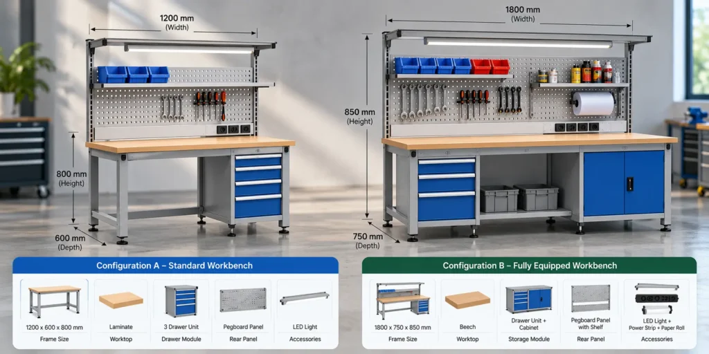 Two industrial workbench configurations with different frame sizes, drawer modules, and rear panels.