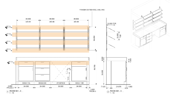 Laboratory furniture elevation, plan, side, and 3D views with dimensions and cabinet configurations