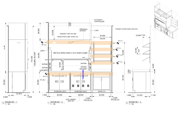 Laboratory furniture elevation drawings showing cabinets, shelving, service components, dimensions, and 3D views