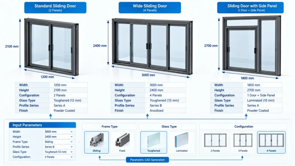 Parametric CAD automation generating different sliding door frame configurations from input dimensions