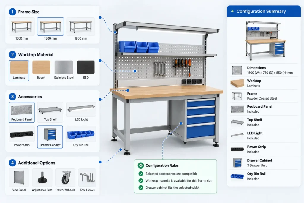 Manufacturing product configurator showing workbench size, worktop material, and accessory options.