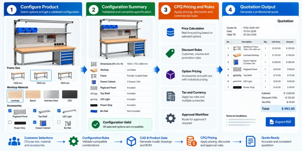 Product configuration summary connected to CPQ pricing rules, commercial approvals, and quotation preparation.