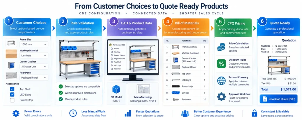 Product configurator workflow connecting customer choices, rule validation, CAD automation, BOM generation, CPQ pricing, and quotation preparation.