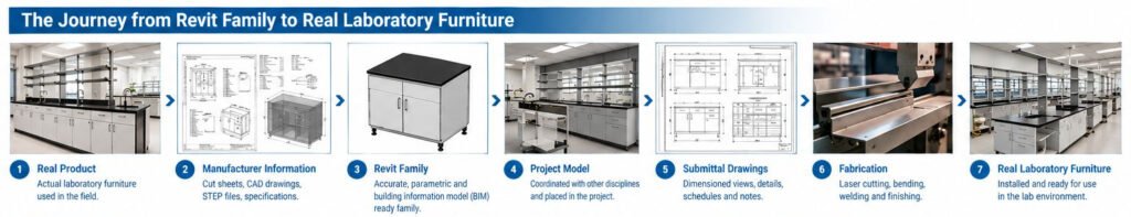 Journey from real laboratory product and manufacturer information through Revit family, project model, submittal drawings, fabrication and installation