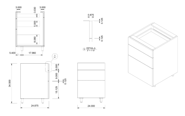 Revit laboratory furniture cabinet with detailed plan, elevation, section, dimensions, and 3D views