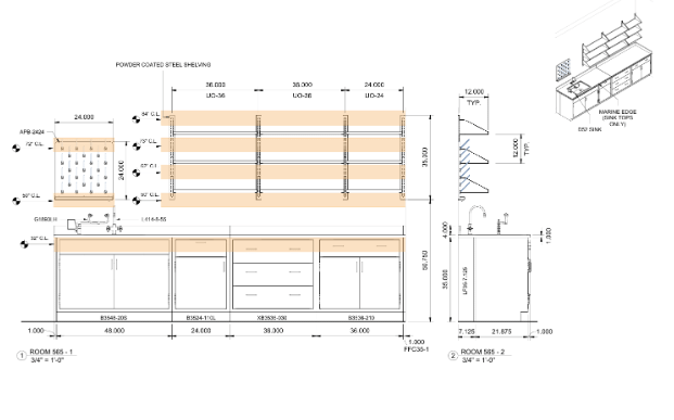 Revit laboratory furniture elevation and 3D views showing cabinet layout, shelving, dimensions, and components