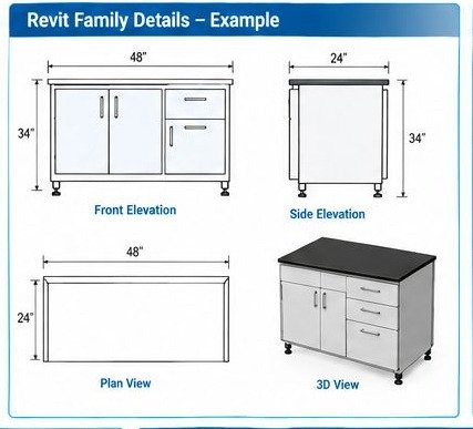 Revit laboratory furniture family showing coordinated cabinet dimensions and 3D product geometry