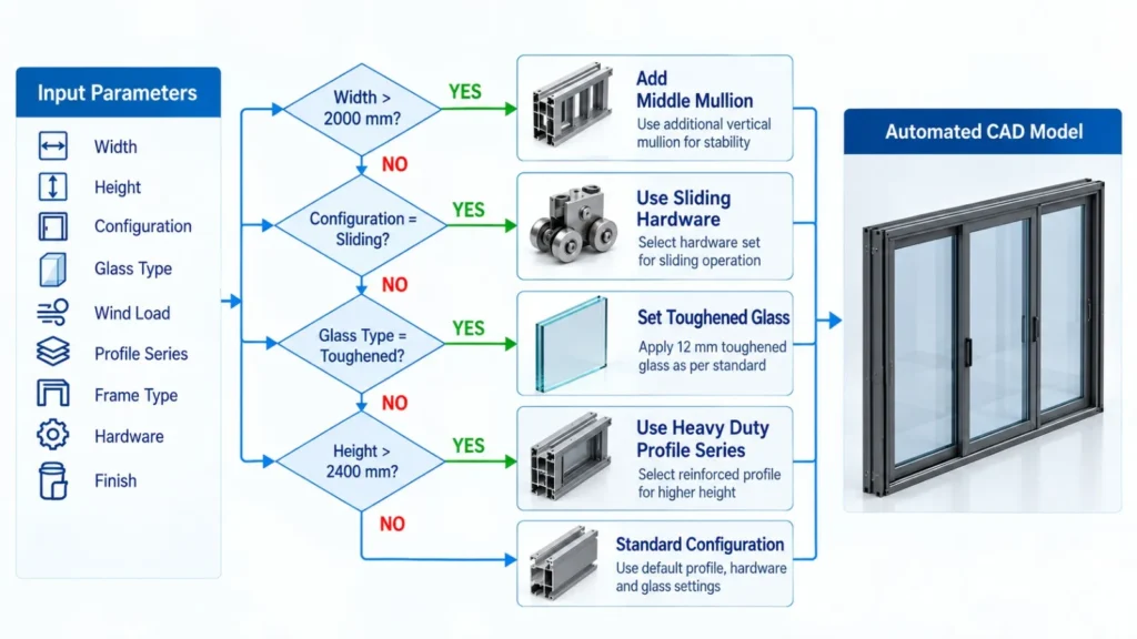 Rule-based CAD decision workflow for selecting sliding door frame profiles, hardware and glass