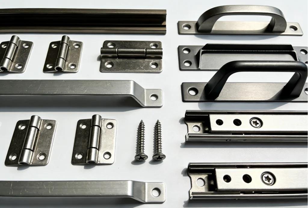 Metal furniture hardware components including hinges, handles, drawer slides, mounting brackets, and screws for sheet metal cabinet assembly.