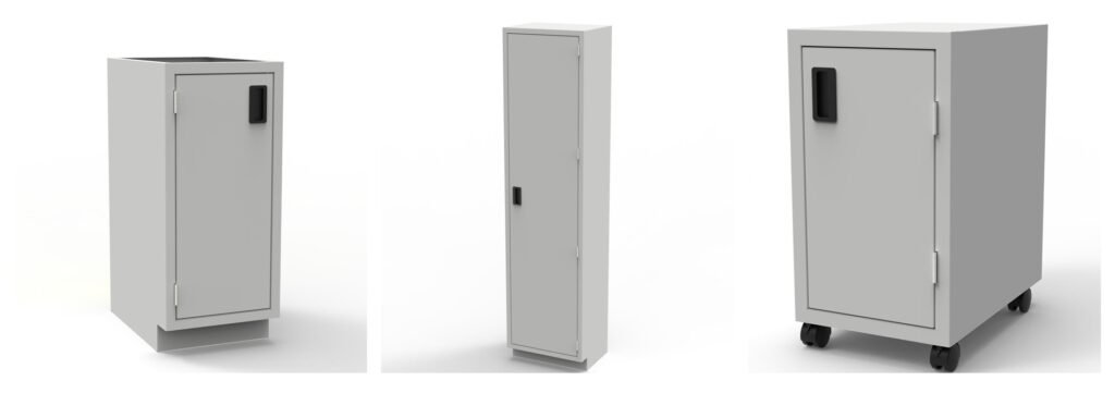 Grey sheet metal laboratory storage cabinets with single-door designs, black handles, and a mobile cabinet mounted on caster wheels.
