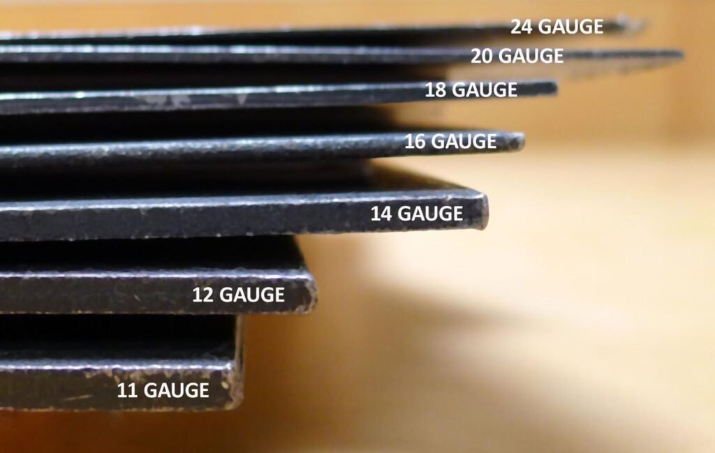 Comparison of sheet metal thicknesses labelled from 11 gauge to 24 gauge, illustrating differences in material thickness.